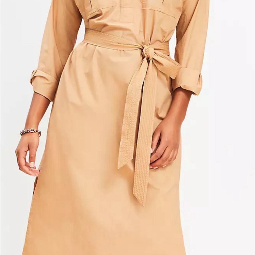 LOFT Tan Wrap Tie Front Midi Belt Dress Long Sleeve